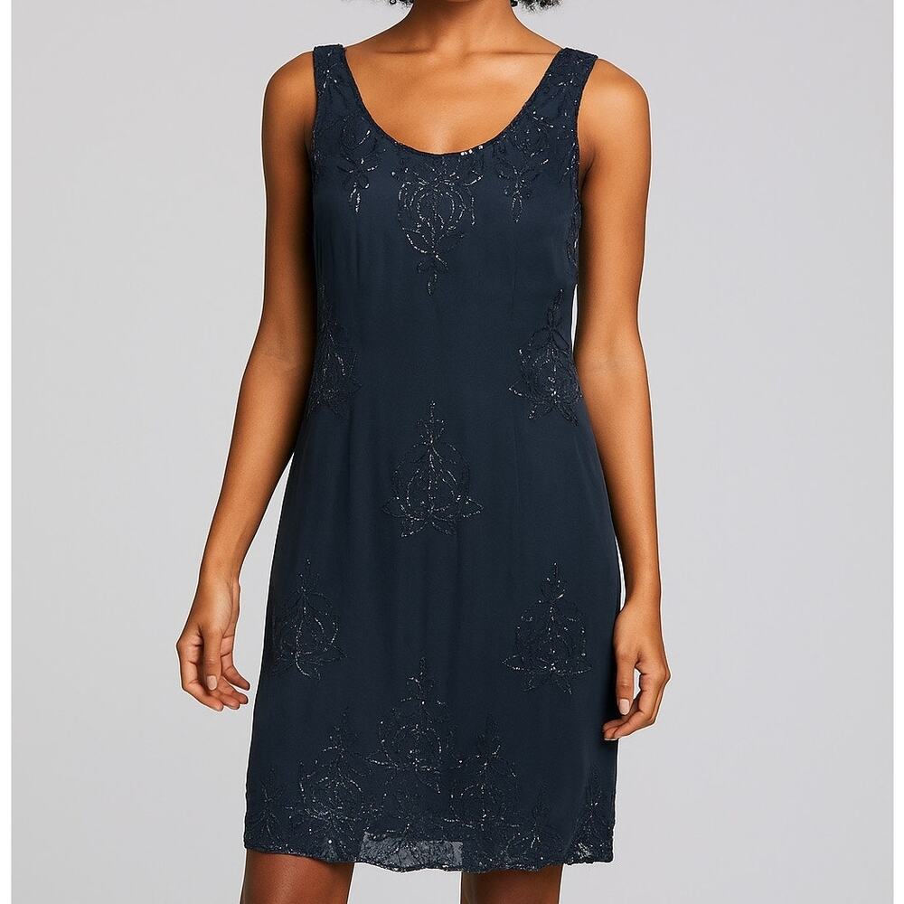 Womens Dark Gray Beaded Shift Dress Sleeveless Evening Formal Minimalist Large